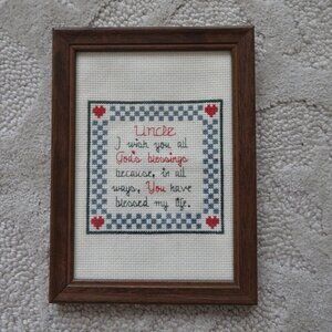 Cross Stitch Picture for Uncle Blessing Framed Vintage 5.5" x 7.75" Hearts